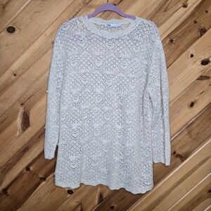 Zara Open Knit Heart Beige Sweater Large Alpaca Wool Nylon Blend‎